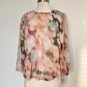 Watercolor Floral Pleats Blouse Chiffon Long Sleeves  Top Cream Peach Pink Green